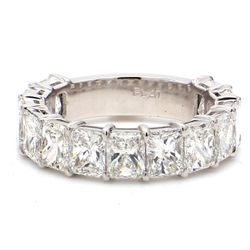 13-stone band in platinum with basket claw prong set radiant cut diamonds.  D5.40ct.t.w.  Size 6.25