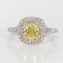 Double halo split shank ring in 18K WG with prong set rounds around FY cushion cut diamond center stone.  D1.49ct.t.w.  (Center 1.00ct.)