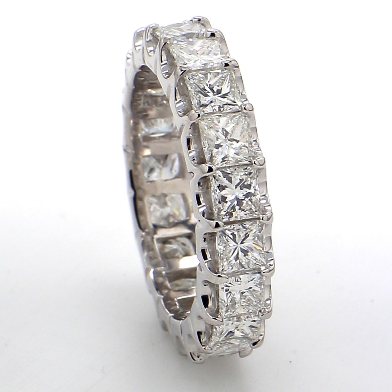 Eternity band in platinum with U-prong set (19) princess cut diamonds.  D4.01ct.t.w.  Size 6