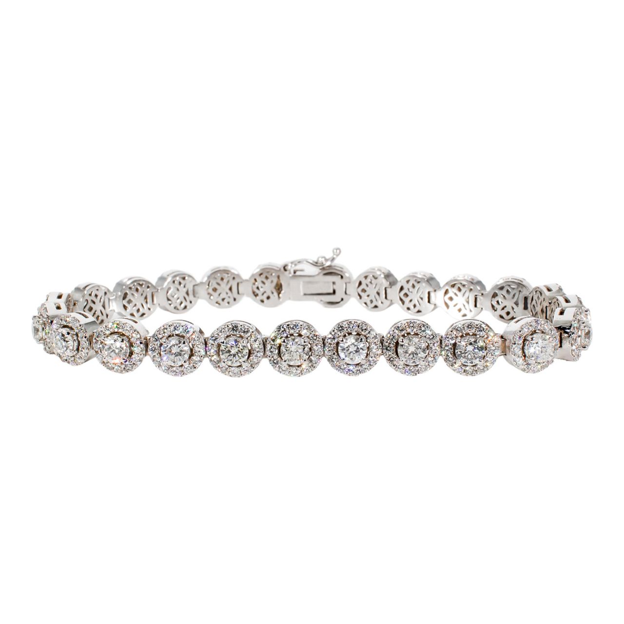 7' Halo tennis bracelet with clustered round centers & 4-prong set round diamonds.  D7.52ct.t.w.
