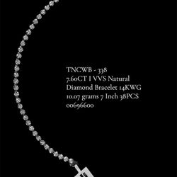 Diamond Bracelet 14KWG 7.60CT I VVS Natural 7 Inch 10.07 grams 38PCS 