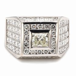 Ring w/ 5x5 invisible set princess cuts, channel set baguettes, rounds around bezel set princess cut center stone.  D6.71ct.t.w.  (Center - 1.01ct.)