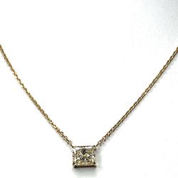16' Solitaire necklace in 18K YG with east-west filigree design, claw prong set K/SI2 GIA certified radiant cut diamond.  D3.02ct.t.w.