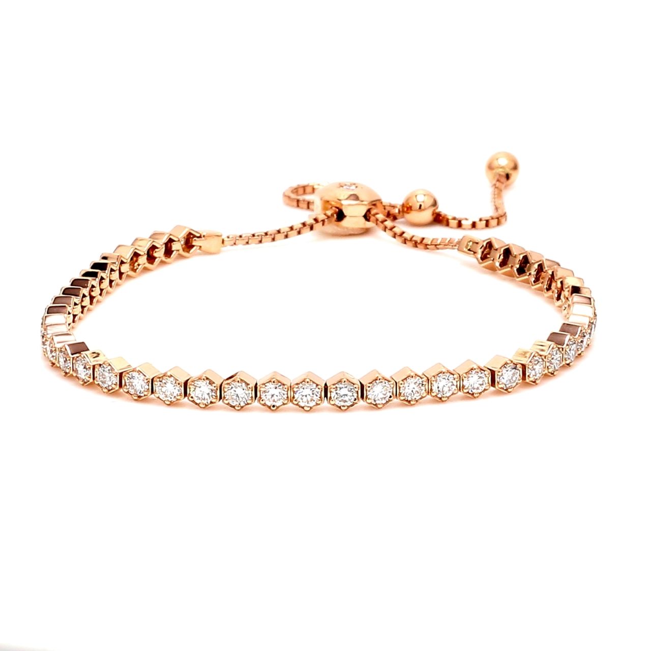 Bolo style adjustable tennis bracelet in rose gold with 6-prong set (45) round diamonds.  D2.19ct.t.w.