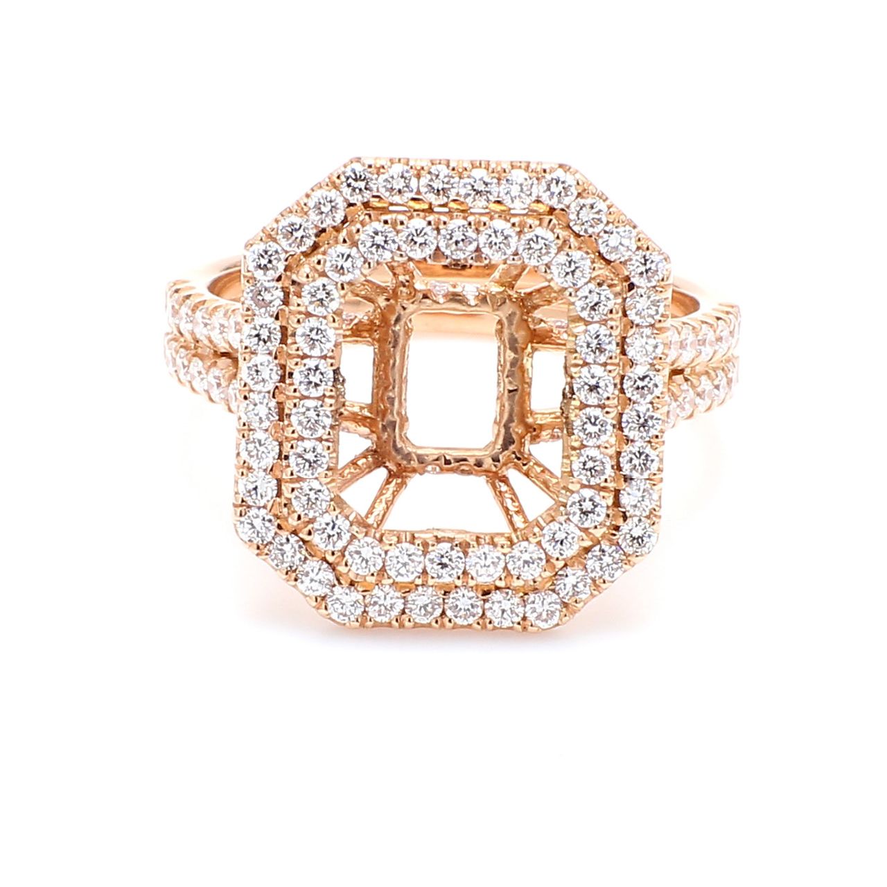 Double halo semi-mount in 18K rose gold with prong set round diamonds.  D1.05ct.t.w.