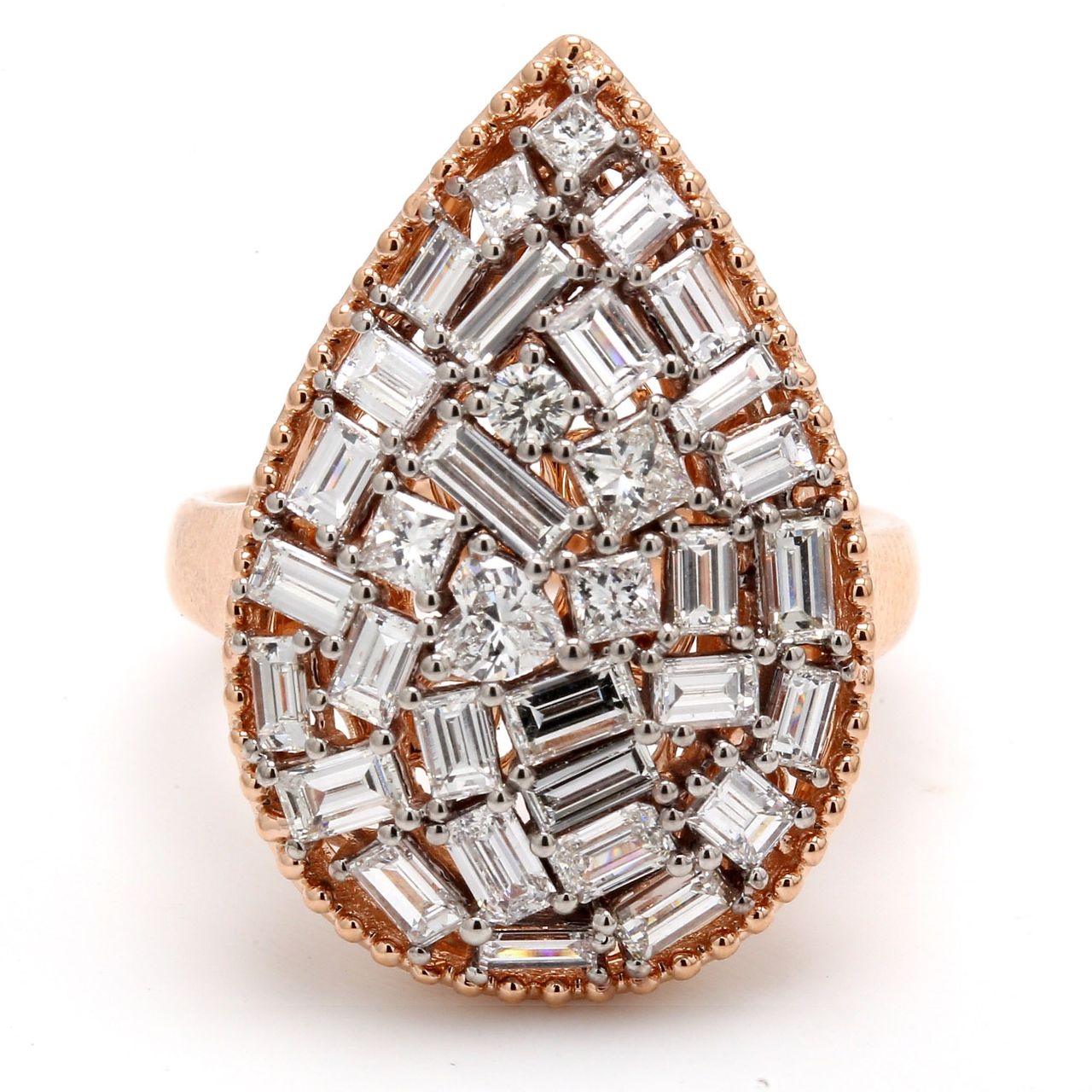 Fancy shapes ring in 18K RG with prong set emerald cut, princess, heart, and round diamonds.  D2.26ct.t.w.  Size 6