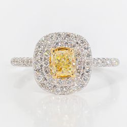 Double halo ring in 18K WG with rounds around a FY radiant cut diamond center stone.  D1.08ct.t.w.  (Center 0.63ct.)  Size 6.5