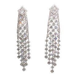 3' Vintage style chandelier earrings in 18K WG with 5-row prong set rounds & 2x2 invisible set  princess cut diamonds.  D6.69ct.t.w.