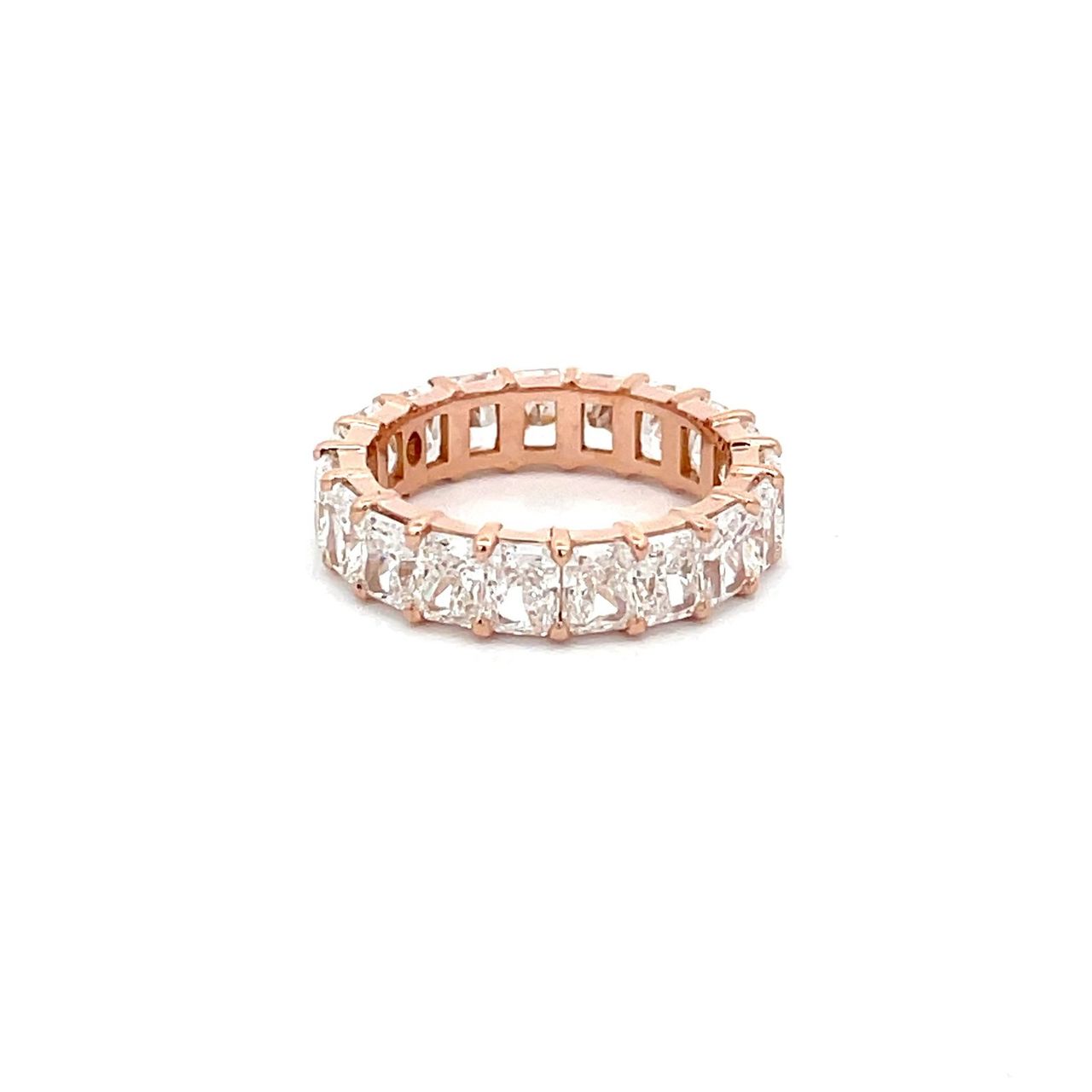 Eternity band in 18K RG with shared basket prong set (19) round diamonds.  D4.62ct.t.w.  Size 4.75