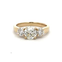 3-stone ring in yellow gold with basket prong set round diamonds.  D2.21ct.t.w.  (Center - 1.50ct.)  Size 6.75
