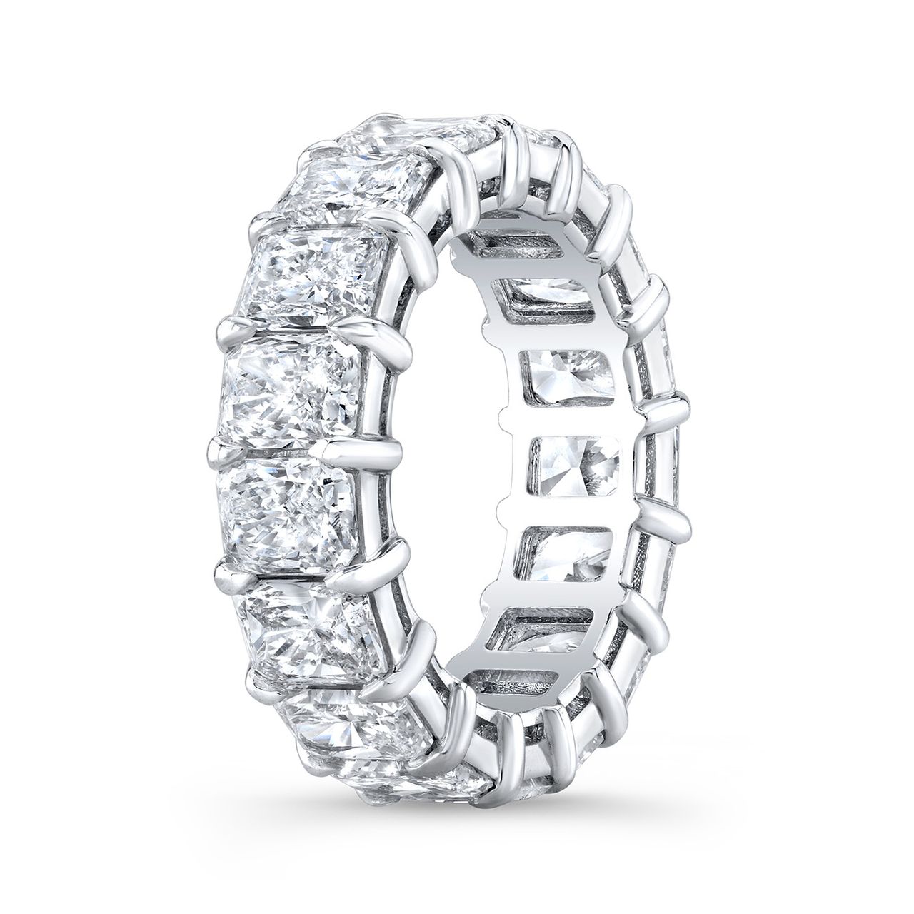 Eternity band in platinum with basket prong set GIA certified D-F/VS1-SI1 (16) radiant cut diamonds.  D8.07ct.t.w.  Size 5.75