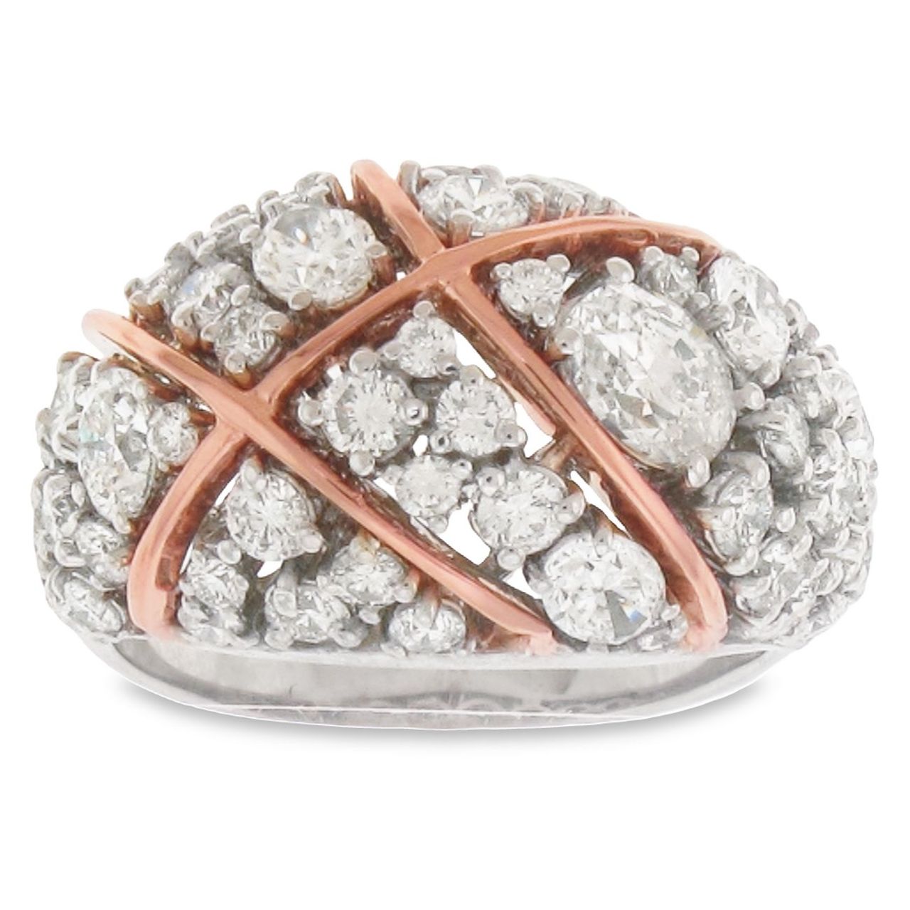 Fashion ring with rose gold bar lining and combination 4-prong set oval and round diamonds.  D3.07ct.t.w.