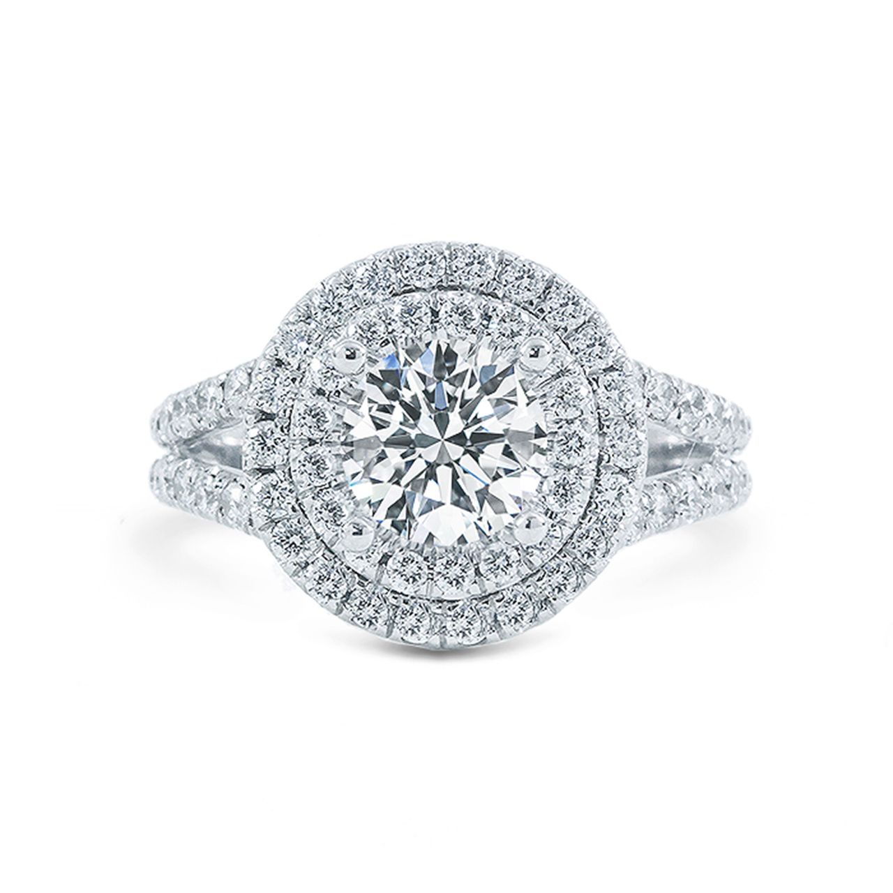 Double halo split-shank semi-mount with french pave set round diamonds.  D0.82ct.t.w.