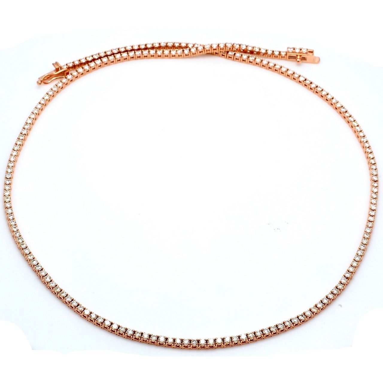 17' Tennis necklace in 14K RG with basket prong set (230) round diamonds.  D4.84ct.t.w.