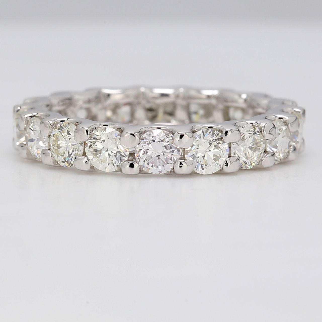 Eternity band in platinum with U-prong set (18) round diamonds.  D2.80ct.t.w.  Size 6.5