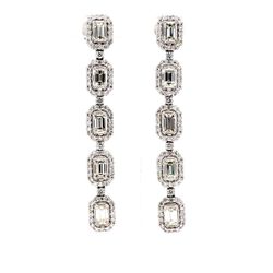 Halo dangling earrings with double 4-prong set emerald cuts & prong set round diamonds.  D3.91ct.t.w.