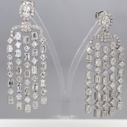2' Chandelier earrings in 18K WG with halo oval diamonds on top & prong set 5-row alternating emerald cut and princess cut diamonds.  D10.56ct.t.w.