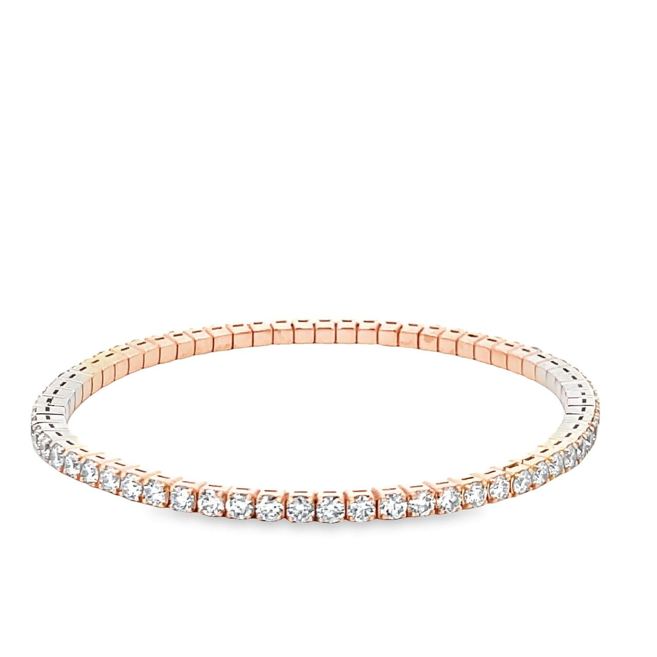 Flex tennis bangle in 18K RG with 4-prong set round diamonds.  D4.55ct.t.w.