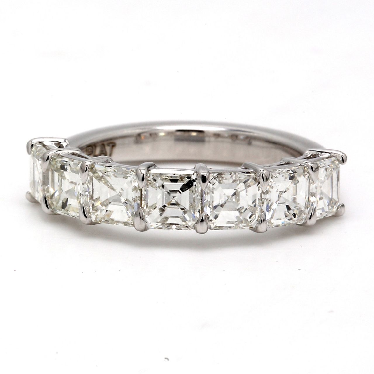 7-stone band in platinum with basket prong set asscher cut diamonds.  D2.26ct.t.w.  Size 5.5