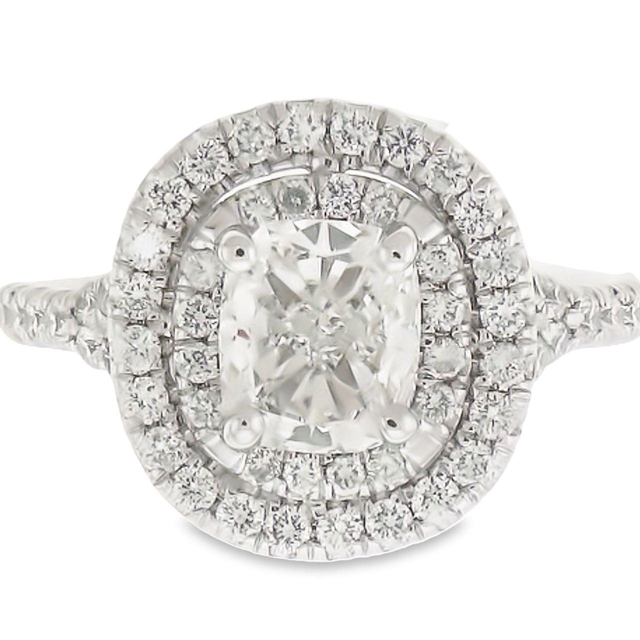 Double halo split shank semi-mount with French pave set round diamonds.  D0.72ct.t.w.