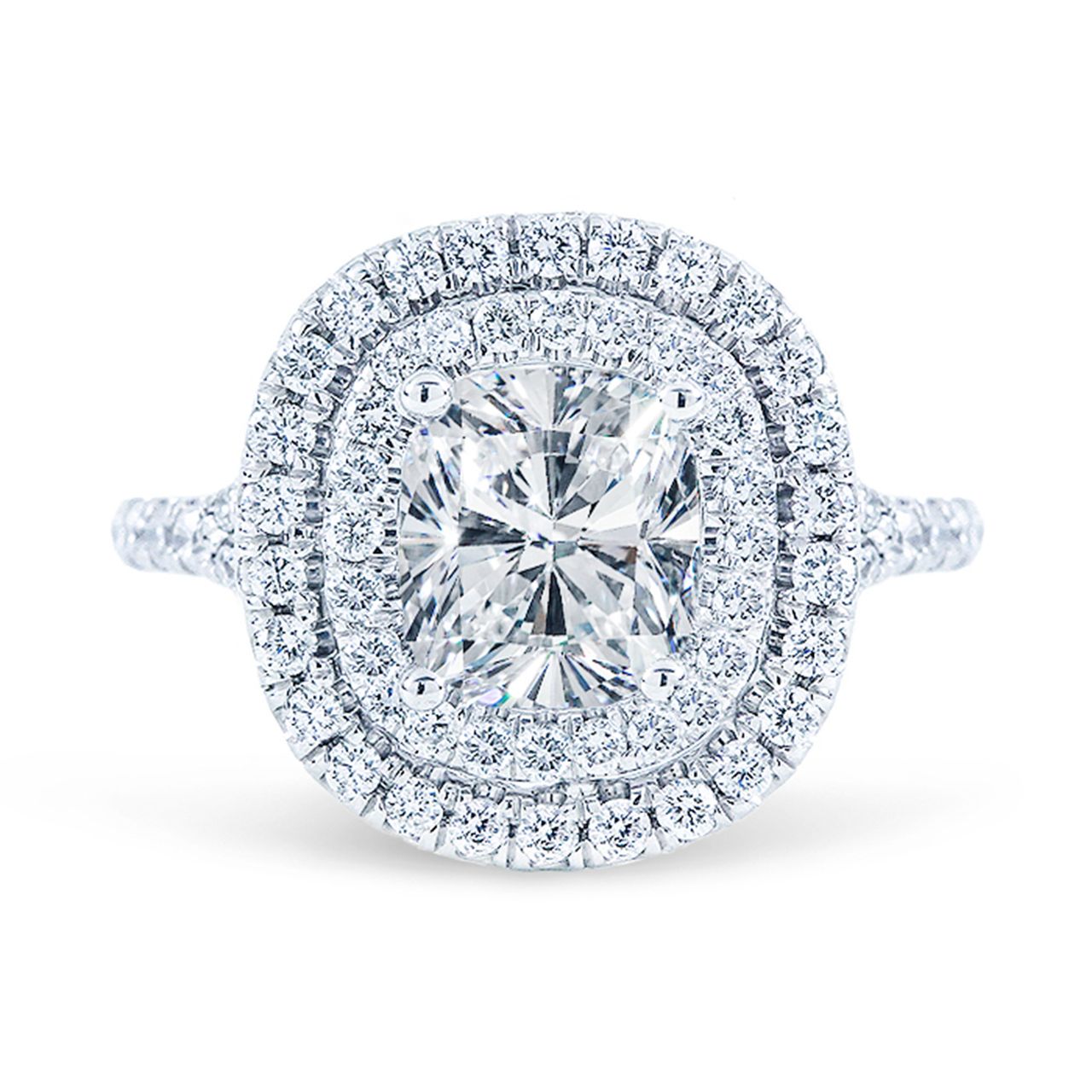 Double halo semi-mount with U-prong set round diamonds.  D0.76ct.t.w.