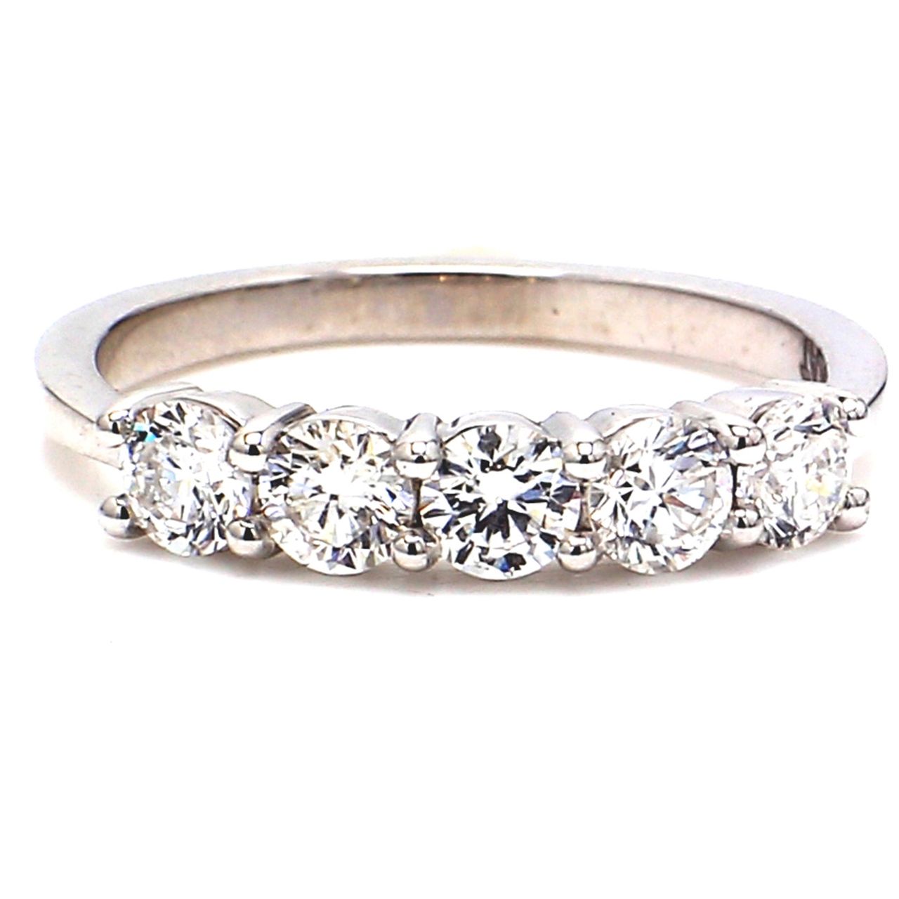 5-stone band in platinum with prong set round diamonds.  D0.73ct.t.w.  Size 5