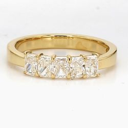 5-stone band in 18K YG with basket prong set radiant cut diamonds.  D0.74ct.t.w.  Size 5