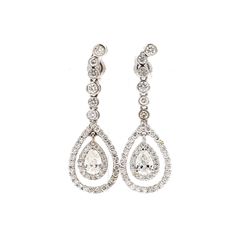 1.5' Halo dangling earrings with bezel and shared prong set rounds & 3-prong set pear diamond centers.  D2.19ct.t.w.  (Centers 0.71ct.t.w.)