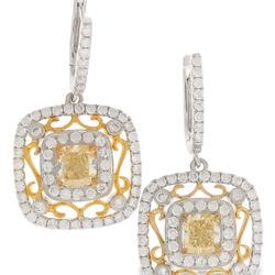 Dangling semi-mount earrings in 18K 2-tone with Filigree design and U-prong set round diamonds.  D2.42ct.t.w.