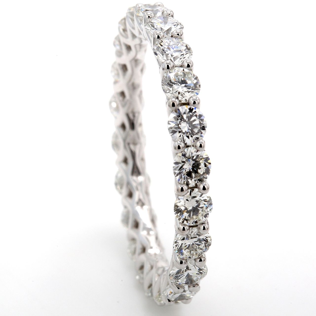 Eternity band in platinum with shared prong set round diamonds.  D2.84ct.t.w.  Size 9.25