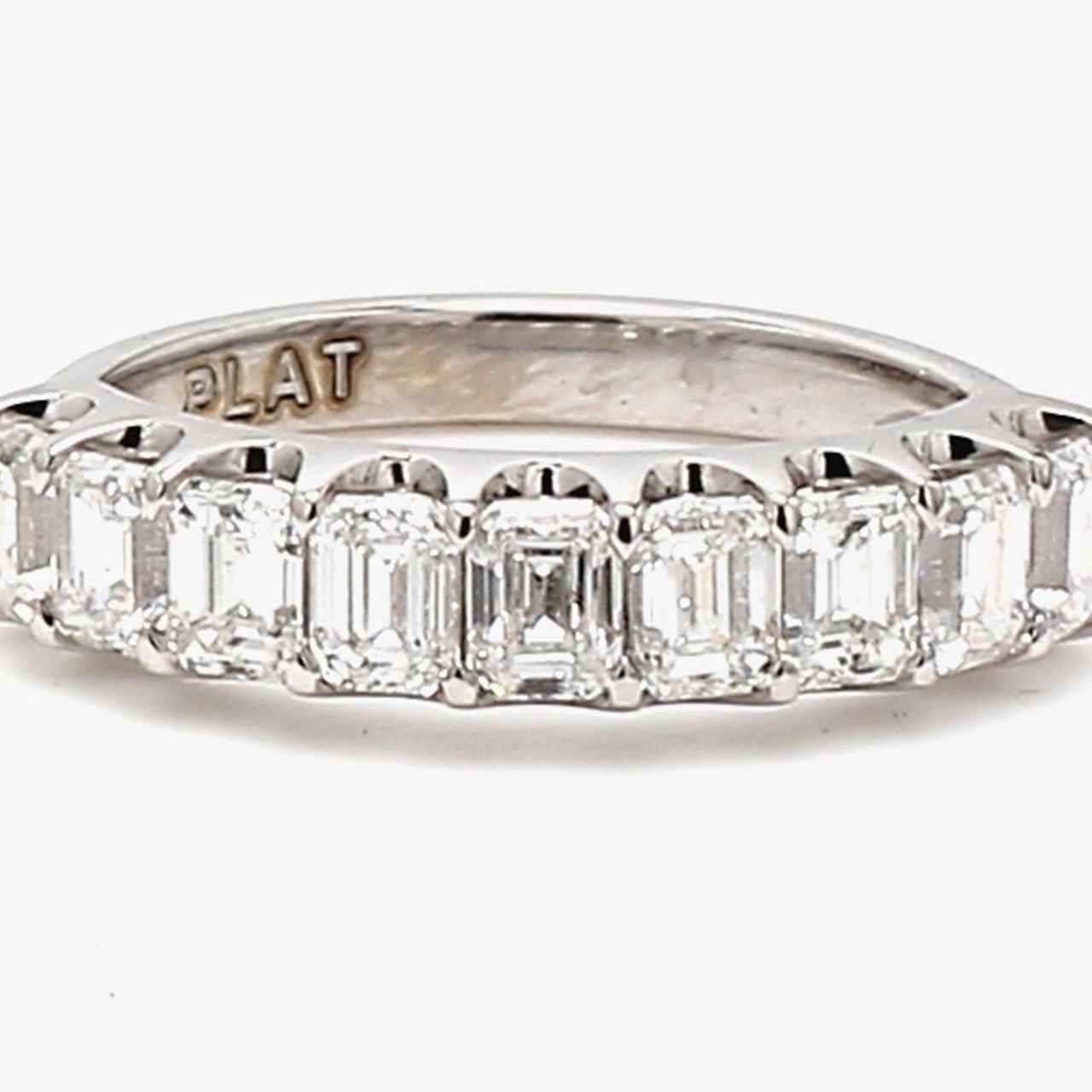 9-stone band in platinum with U-prong set emerald cut diamonds.  D1.69ct.t.w.  Size 6