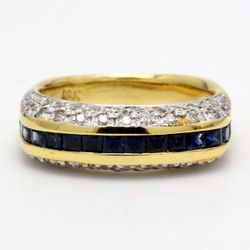 Square shaped band in 18K YG with round diamonds & princess cut sapphires.  D0.80ct.t.w.  Sapphires 0.96ct.t.w.