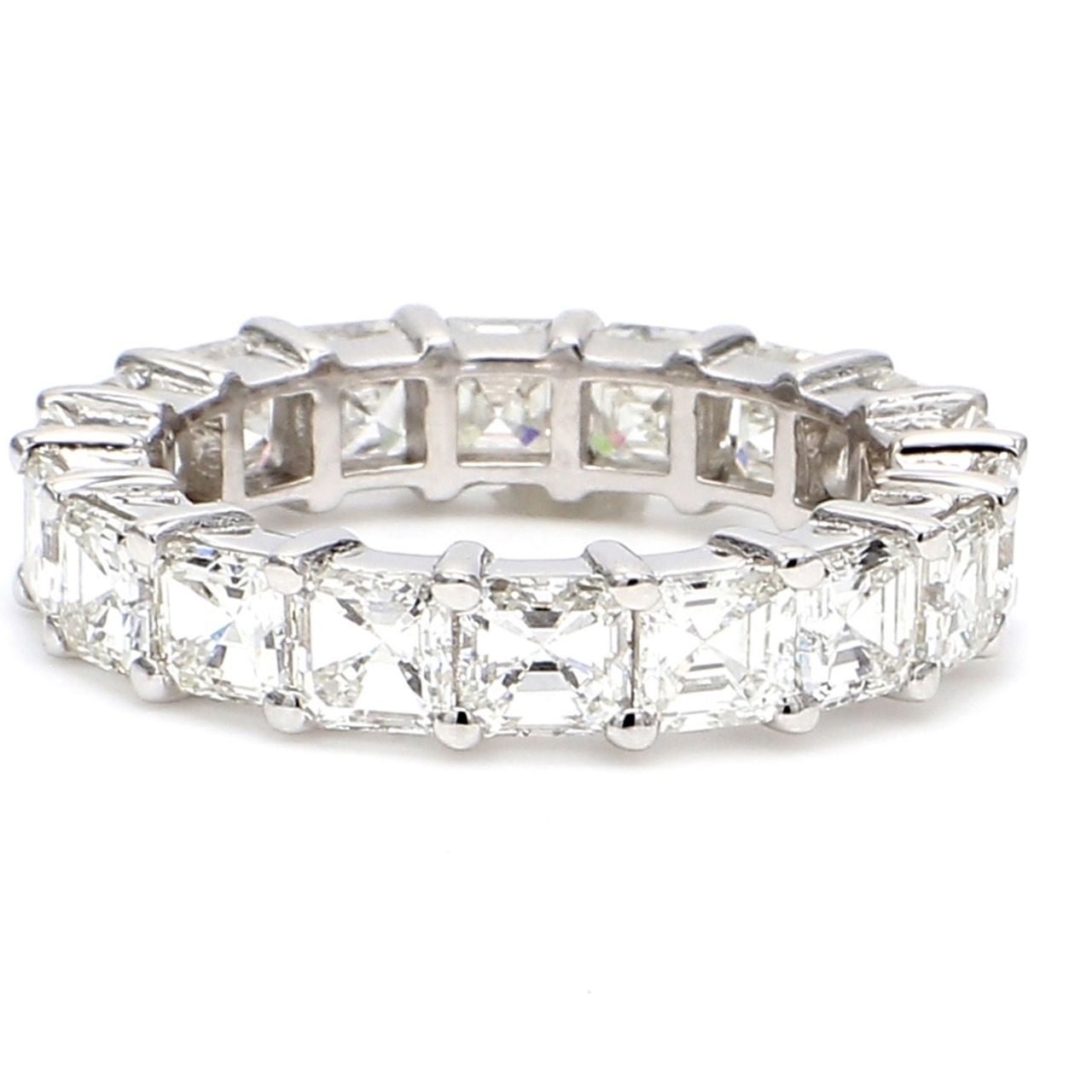 Eternity band with shared prong set (20) asscher cut diamonds.  D3.38ct.t.w.  Size 6.75