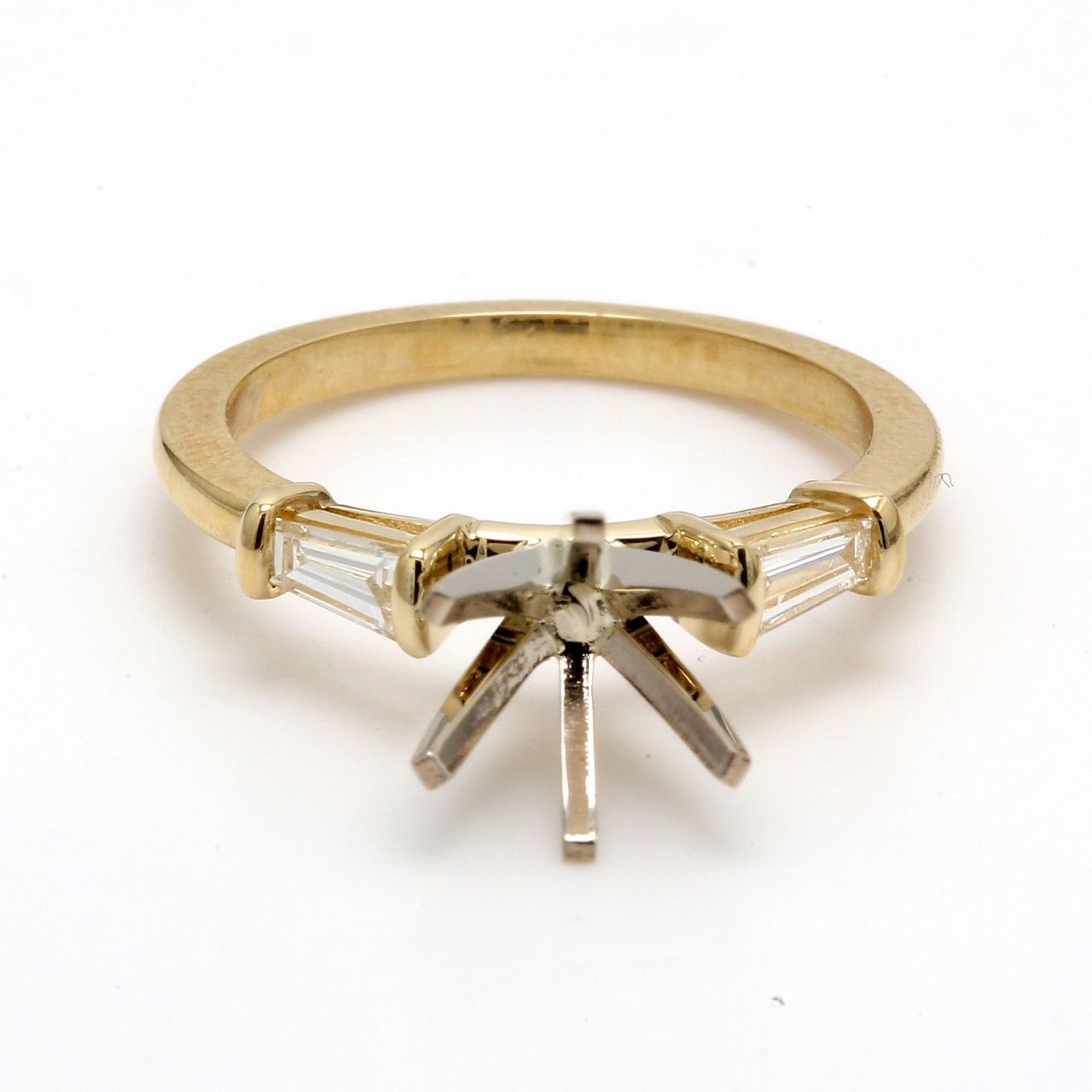 Three Stone semi-mount in 18K YG with tapered baguette diamond sides.  D0.33ct.t.w.  Size 6