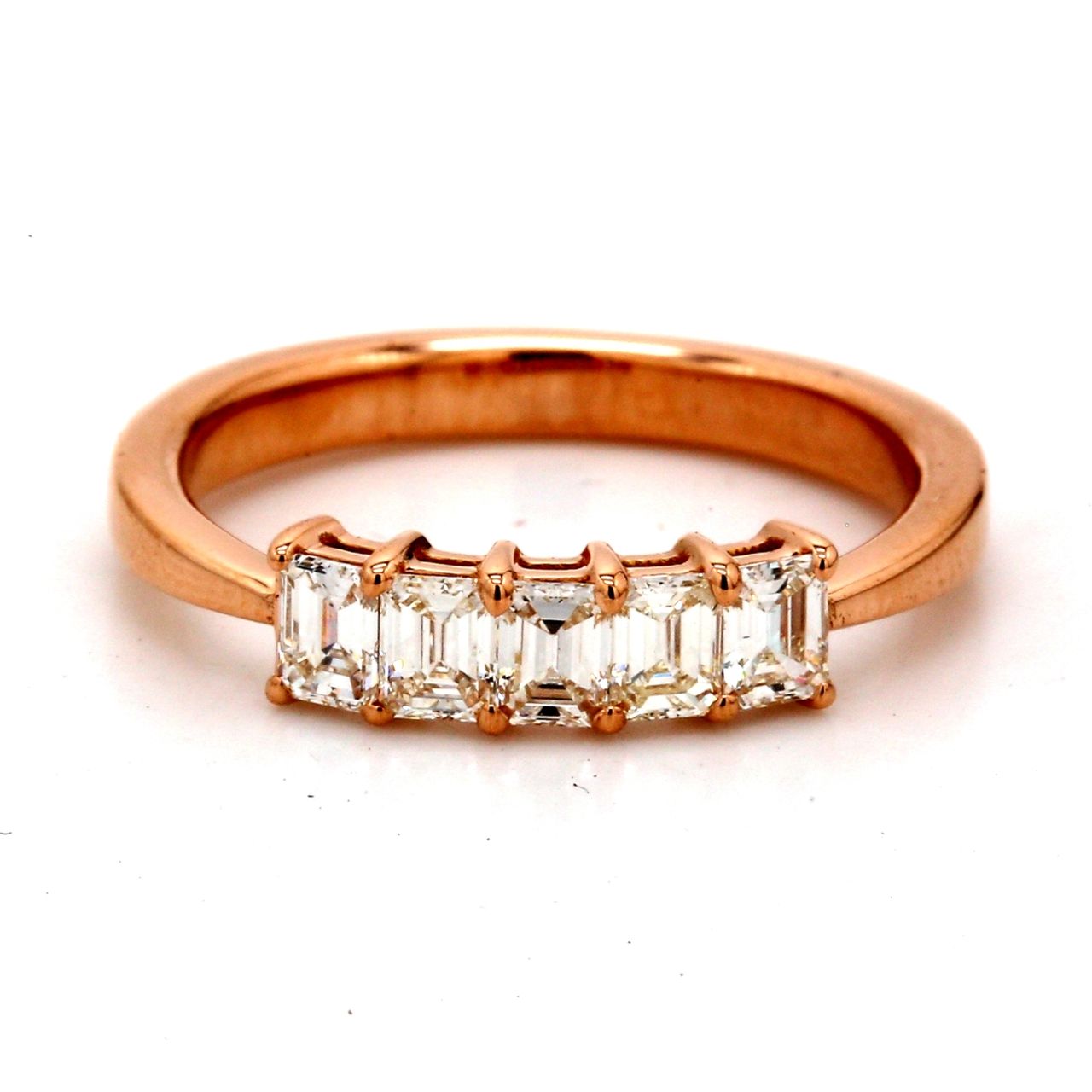 5-stone band in 18K RG with basket prong set emerald cut diamonds.  D0.71ct.t.w.  Size 6.5