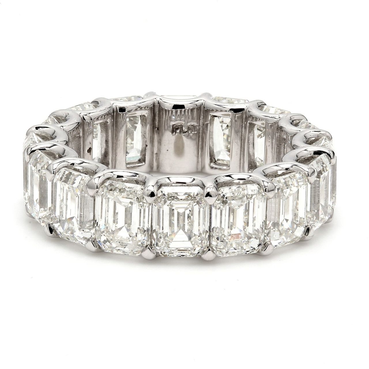 Eternity band in platinum with U-prong set H-I/VS emerald cut diamonds.  D11.38ct.t.w.  Size 6.5