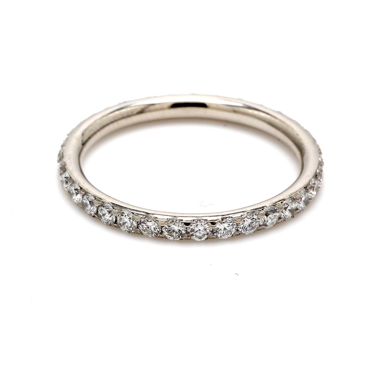 Eternity band in platinum with pre-set (33) round diamonds.  D0.75ct.t.w.  Size 5.5
