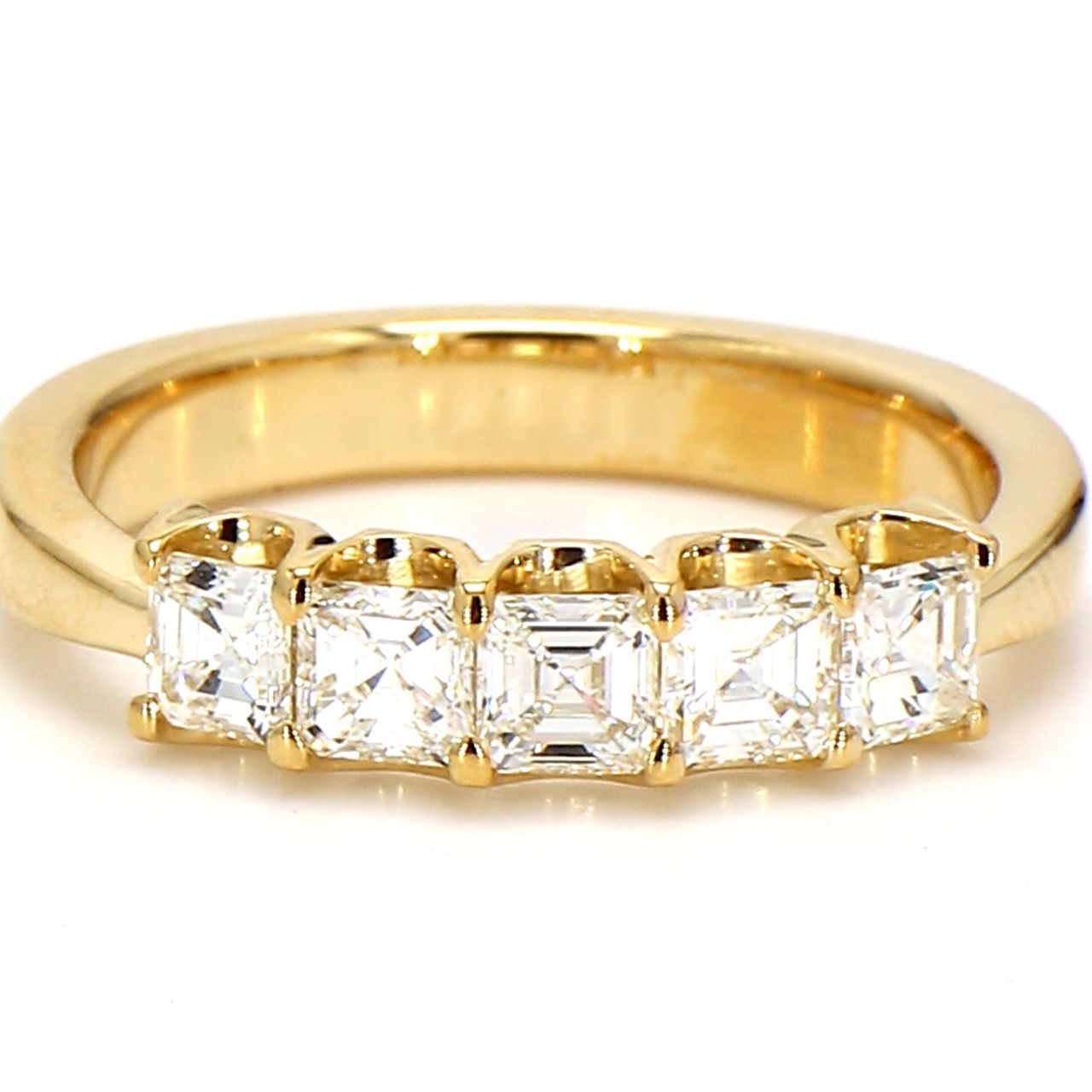 5-stone band in 18K YG with U-prong set asscher cut diamonds.  D1.06ct.t.w.  Size 7.5