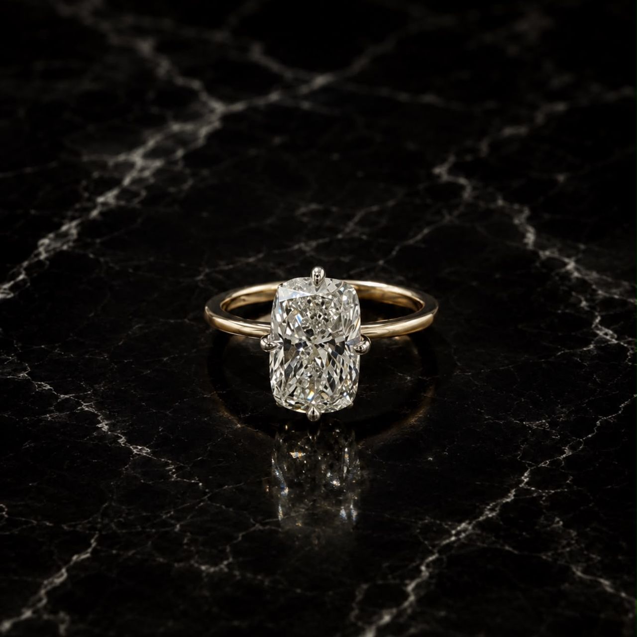 18K YELLOW GOLD ELONGATED CUSHION DIAMOND RING 