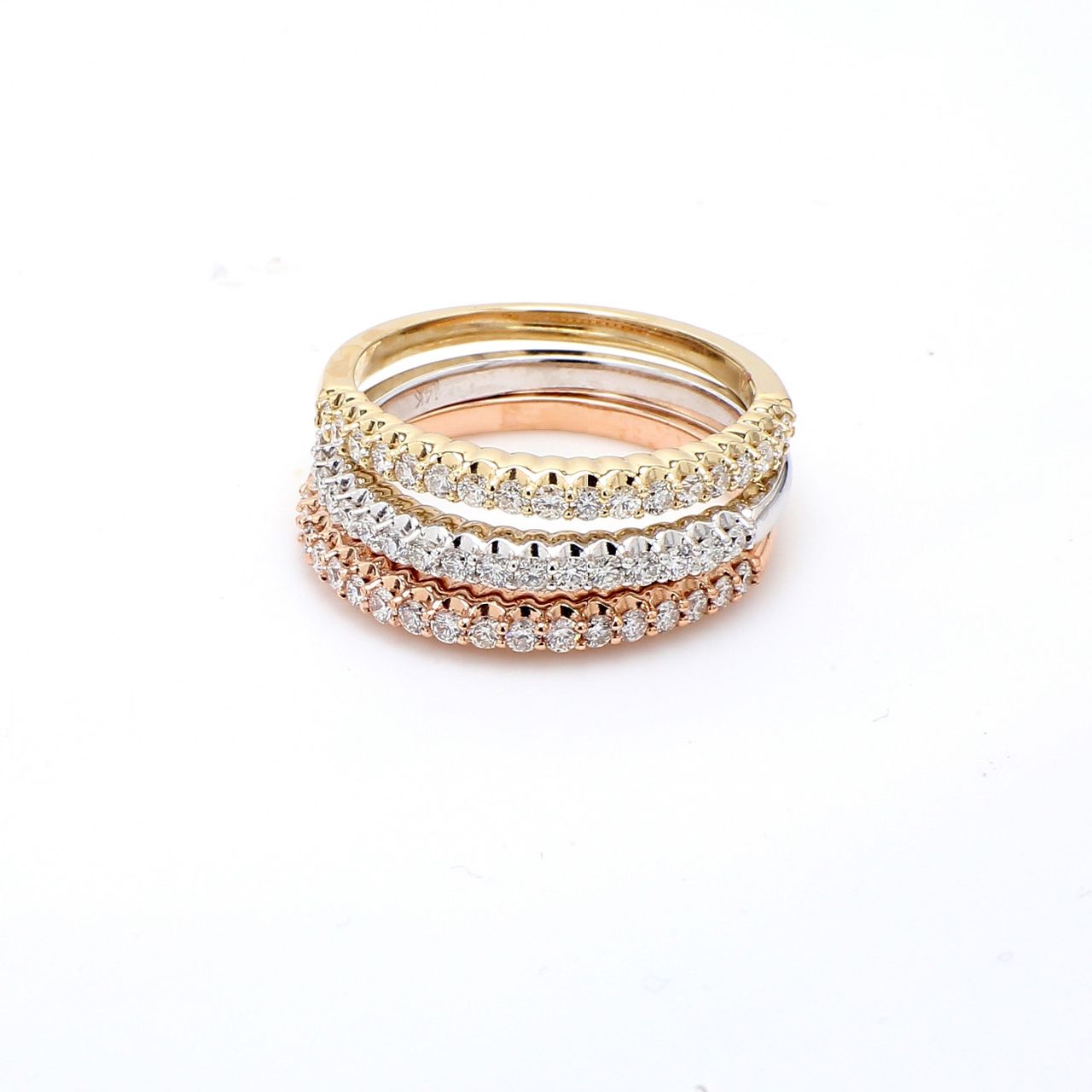 Stackable tri-color band with shared prong set (54) round diamonds.  D0.84ct.t.w.