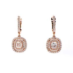 Double halo dangling earrings in rose gold with prong set rounds & cushion diamond centers.  D1.79ct.t.w.  (Centers 0.98ct.t.w.)