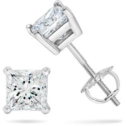 Screw back stud earrings with 4-prong set USA certified D-E/I1 princess cut diamonds.  D2.32ct.t.w.