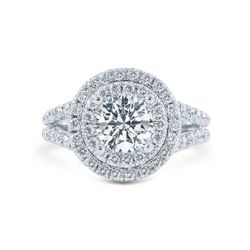 Double halo split-shank semi-mount with french pave set round diamonds.  D0.82ct.t.w.