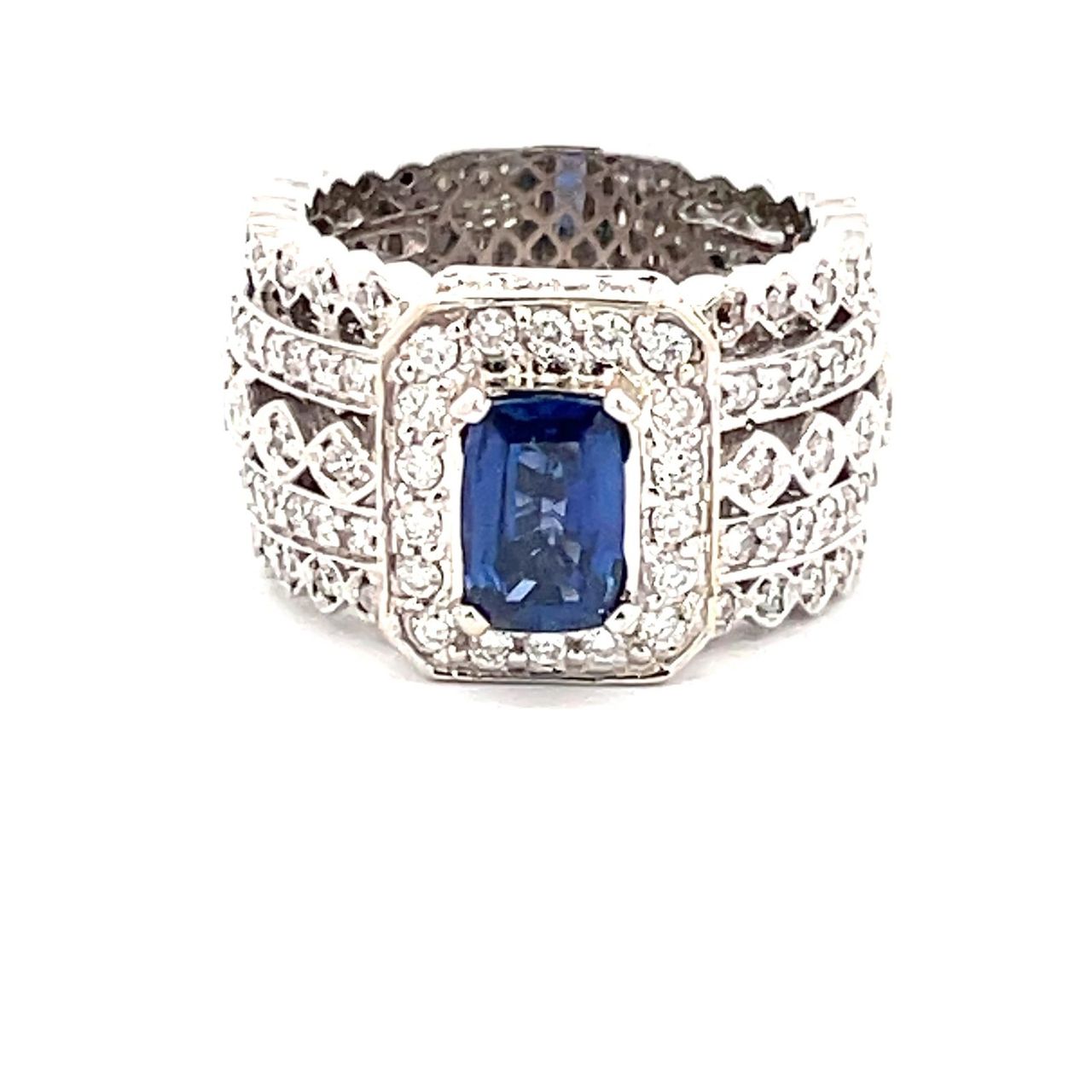 Multi row wide band in 18K WG with pave set round diamonds and 4-prong set cushion shape Sapphire center.  D1.75ct.t.w.  (Sapphite - 1.38ct.)