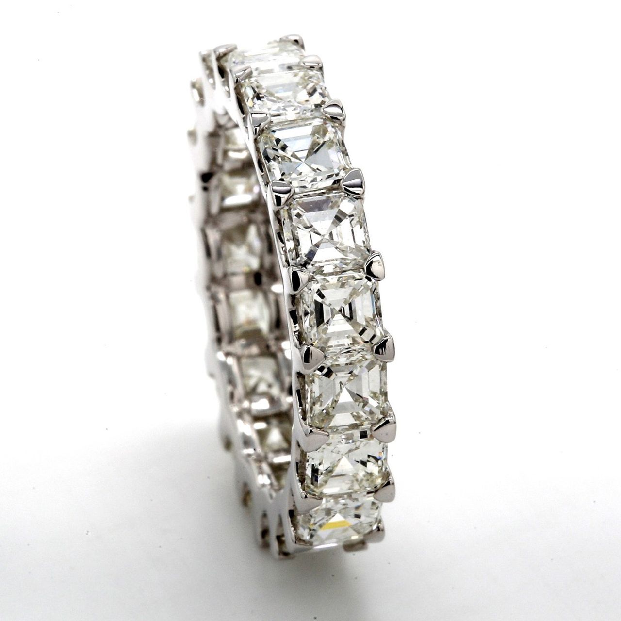 Eternity band with U-prong set (19) asscher cut diamonds.  D5.11ct.t.w.  Size 6.75