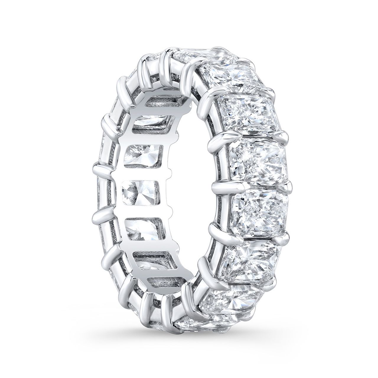Eternity band in platinum with basket prong set (22) radiant cut diamonds.  D4.20ct.t.w.  Size 5.75