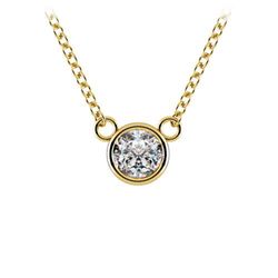 Solitaire necklace in yellow gold with bezel set round diamond.  D0.22ct.t.w.