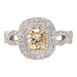Double halo ring in 18K WG with French pave and pre-set rounds around 4-prong set FY cushion cut diamond center stone.  D0.62ct.t.w.  (Center 0.72ct.)  Size 6.75