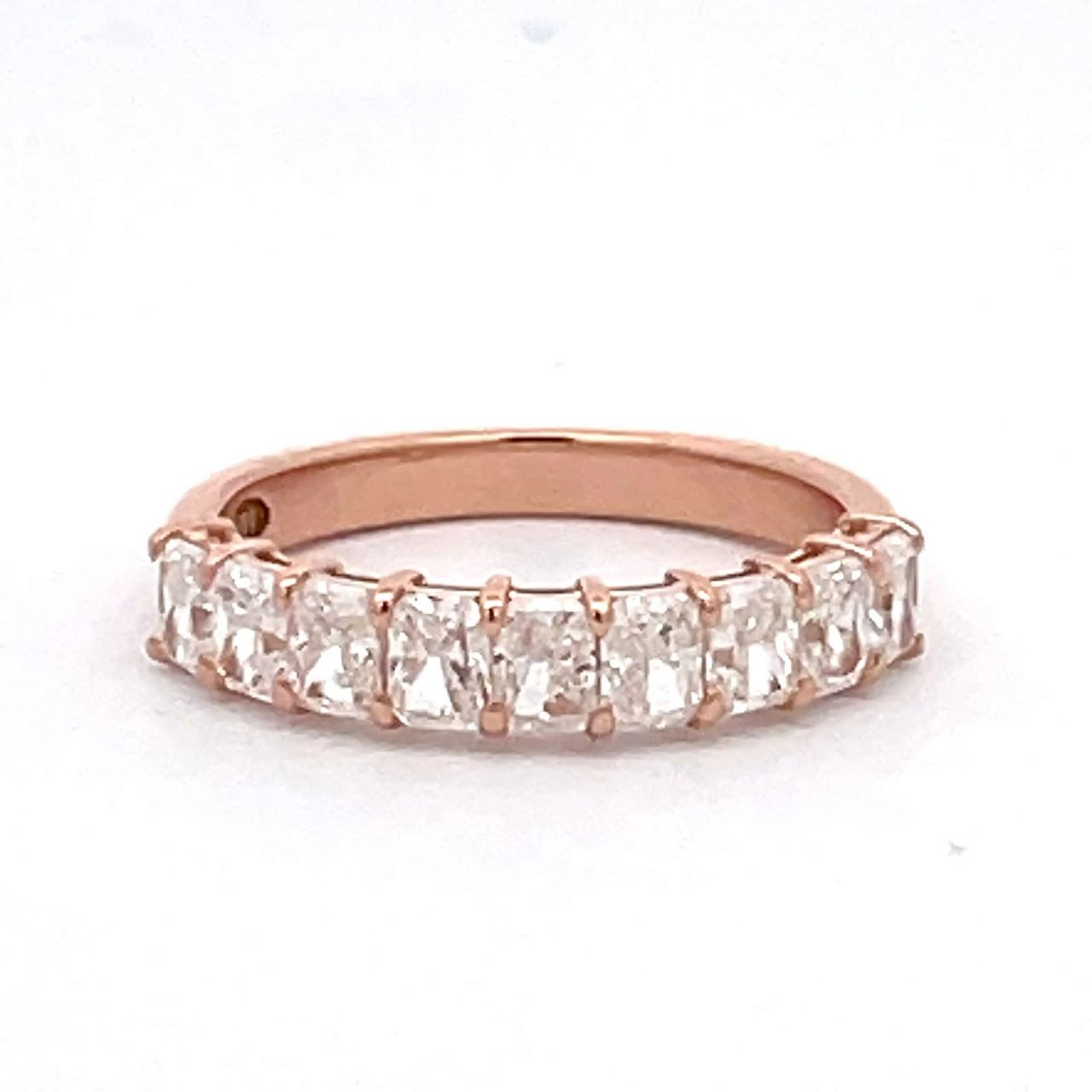 9-stone band in 18K RG with basket prong set radiant cut diamonds.  D1.24ct.t.w.  Size 5.5
