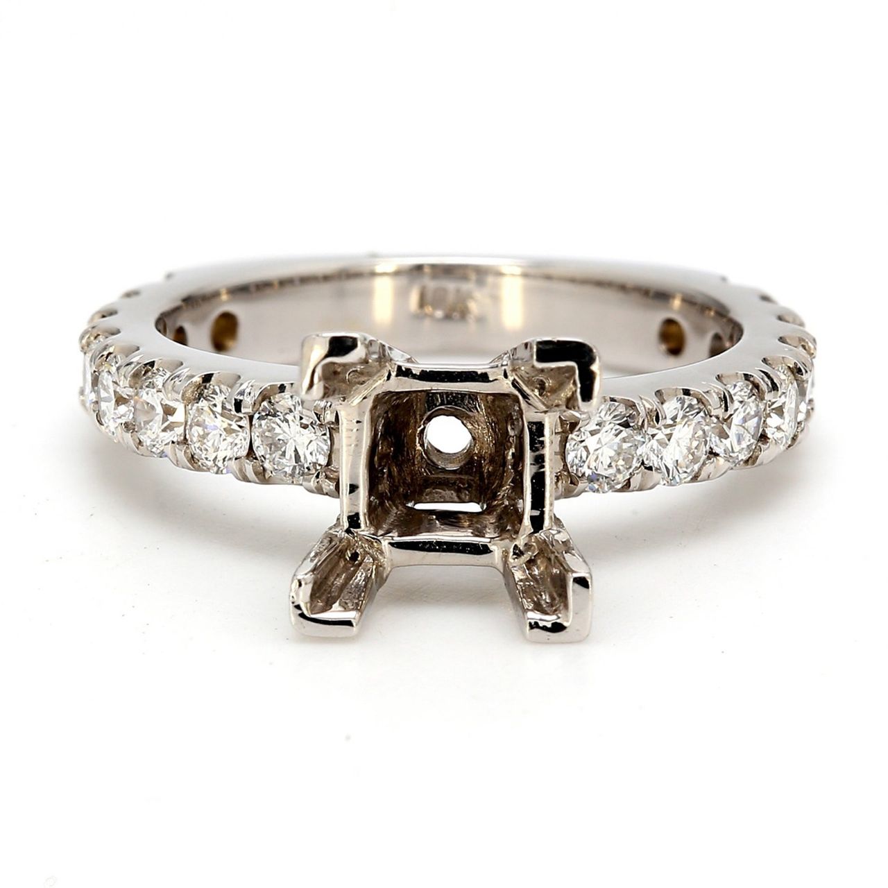 Square bottom shank semi-mount in 18K WG with U-prong set round diamonds.  D1.02ct.t.w.